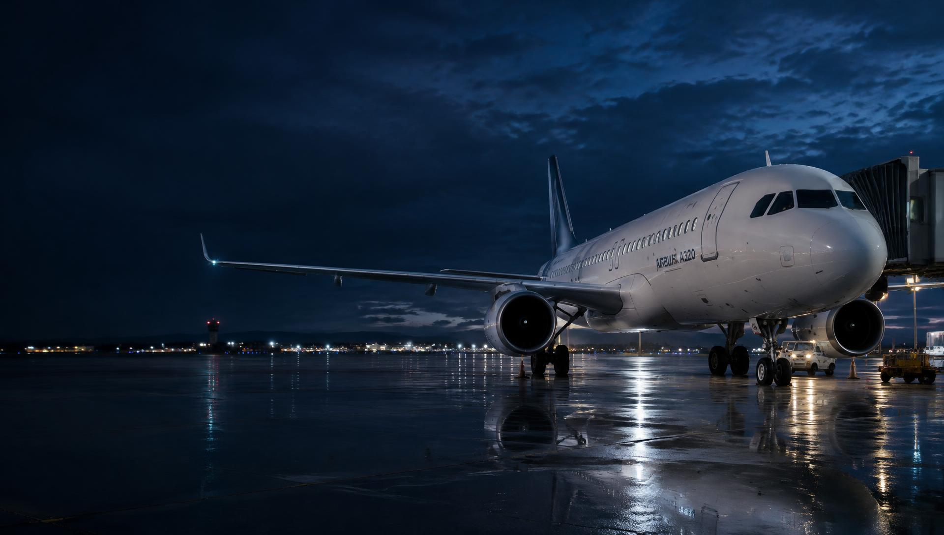 Airbus A320 en plataforma al anochecer